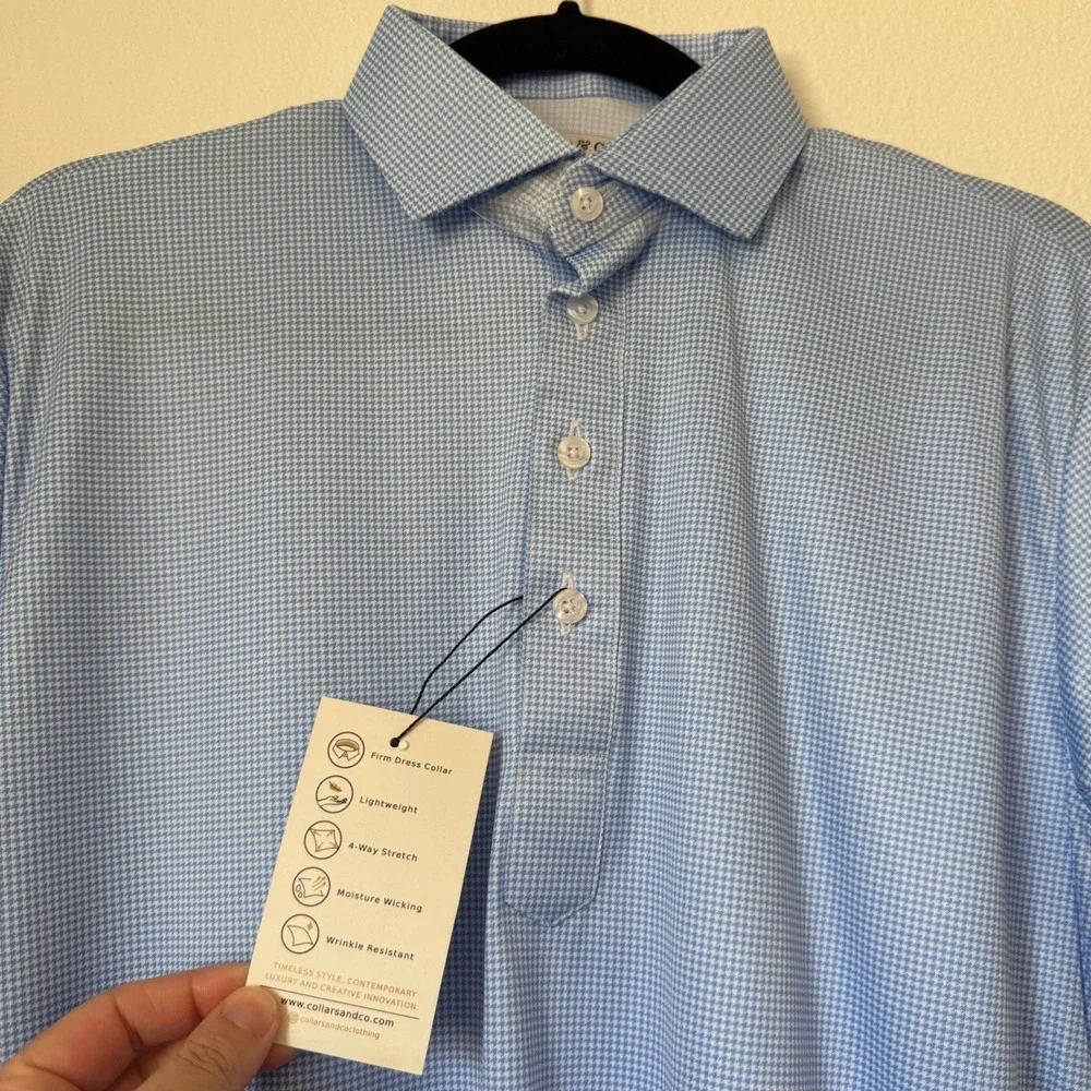 Collars & Co Mens S Blue Houndstooth Dress Collar Polo Shirt 4-Way Stretch NWT